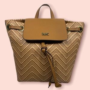 NWT Michael Kors Junie Chevron Leather Flap Backpack Acorn/Butternut/Gold